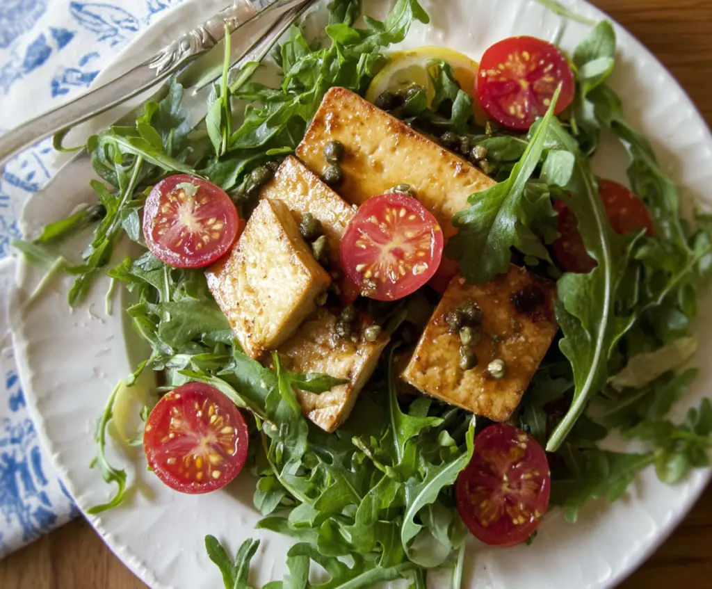 Vibrant Lemon-Garlic Tofu served with fresh arugula salad on a white plate.