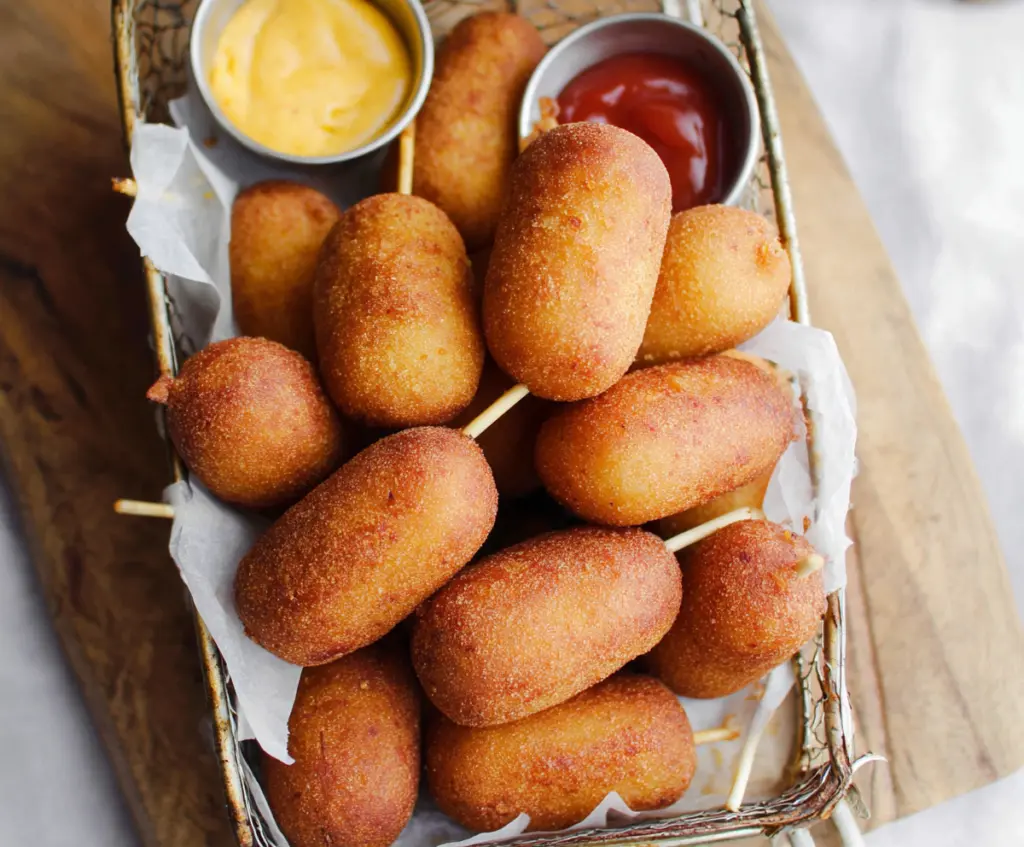 Delicious Mini Corn Dogs on a plate, perfect for snacks or parties.