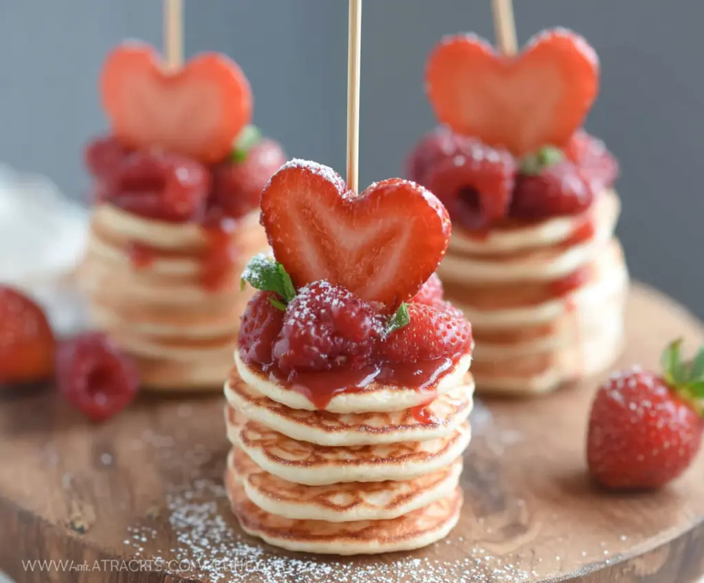 Delicious mini heart-shaped pancake stacks arranged on a plate, perfect for breakfast or brunch.