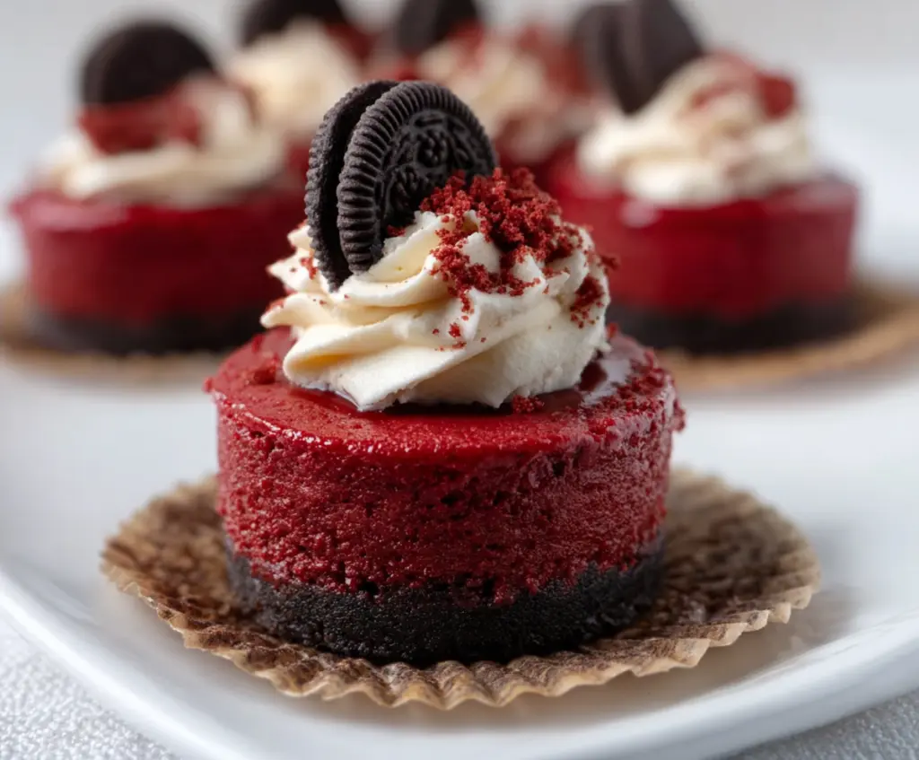 Delicious Mini Red Velvet Cheesecake with Cream Cheese Frosting on a Elegant Plate