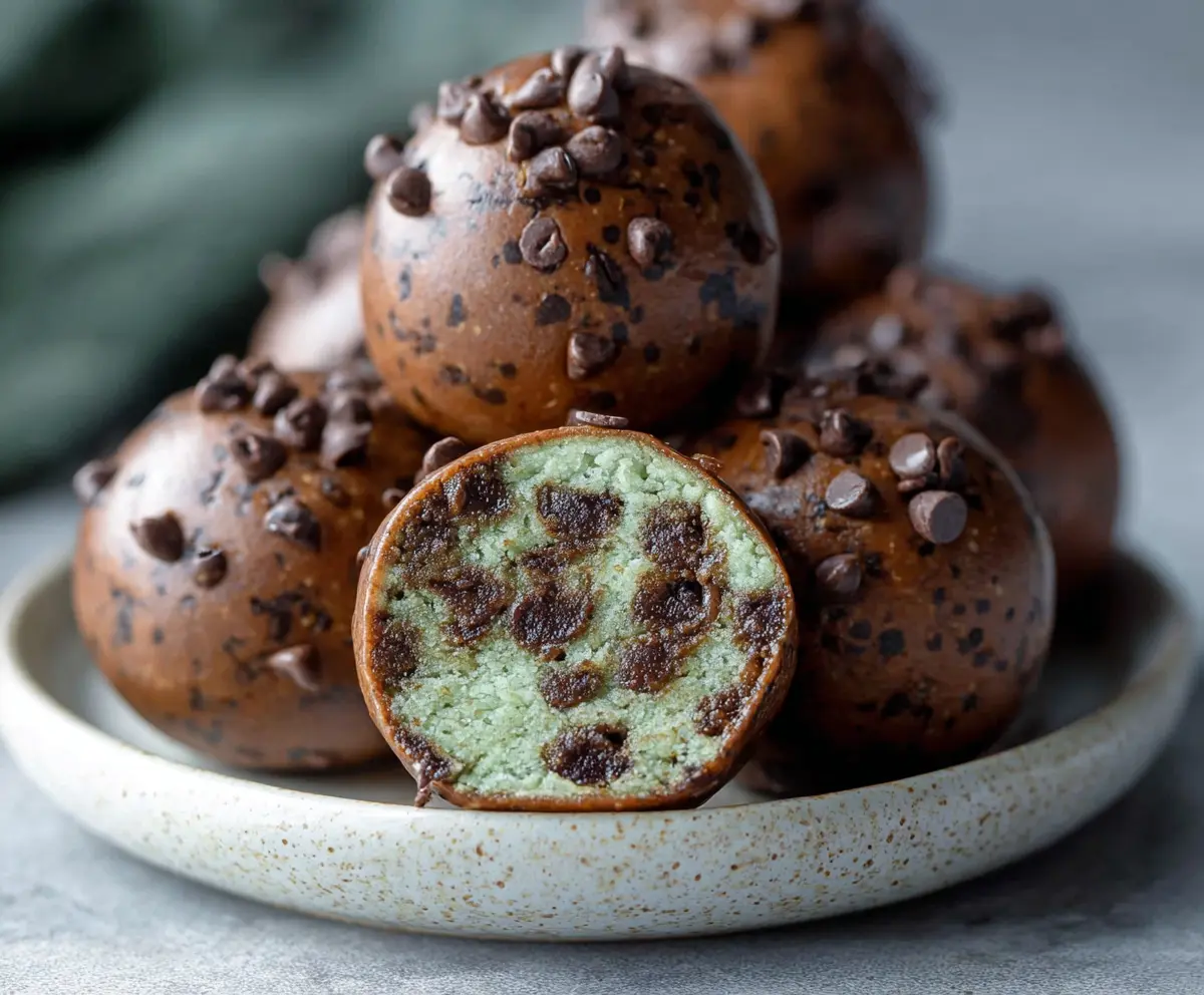Delicious Mint Chocolate Chip Protein Balls with fresh mint leaves and chocolate chips, perfect for a healthy snack.