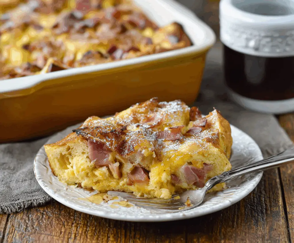 Delicious Monte Cristo Breakfast Casserole served with crispy bacon and fresh herbs.