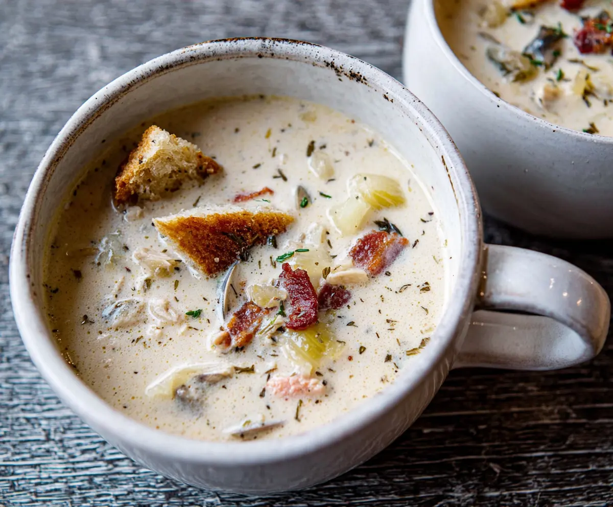 Creamy New England Clam Chowder served in a bowl with fresh parsley garnish.