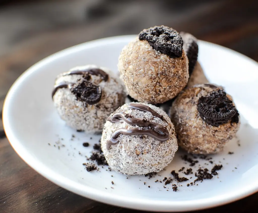 Healthy homemade Oreo protein balls made with oats, whey protein, and chocolate for a nutritious snack.
