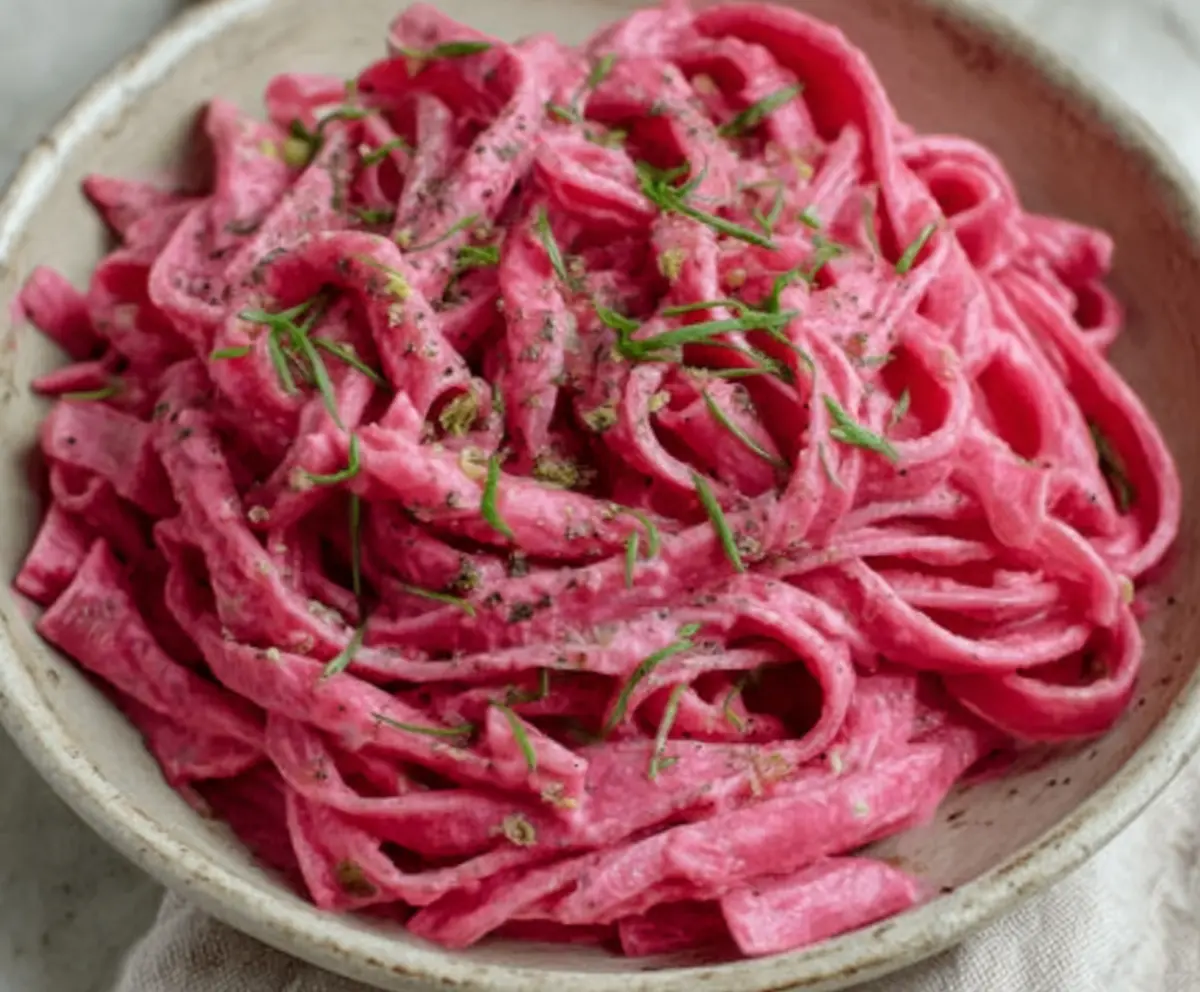 Pink pasta with creamy beet sauce on a white plate, garnished with fresh herbs for a vibrant vegetarian dish.