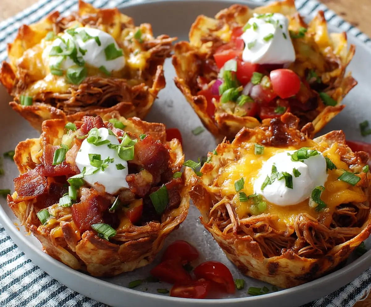 Delicious pulled pork nacho cups topped with melted cheese and fresh ingredients, perfect as a savory snack or appetizer.