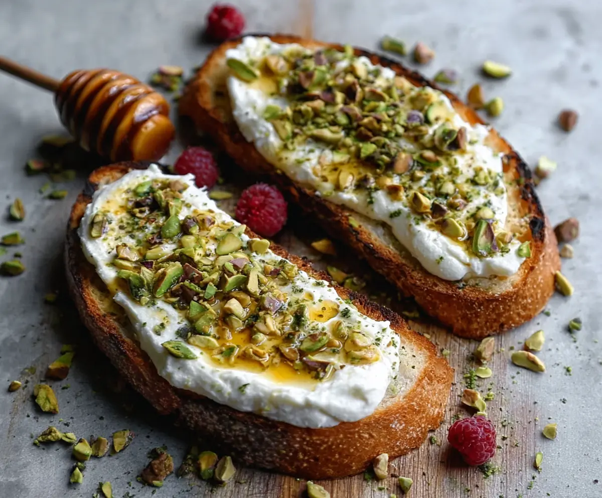 A close-up of Raspberry Ricotta Toasts topped with fresh raspberries, drizzled honey, and chopped pistachios on a rustic wooden plate.
