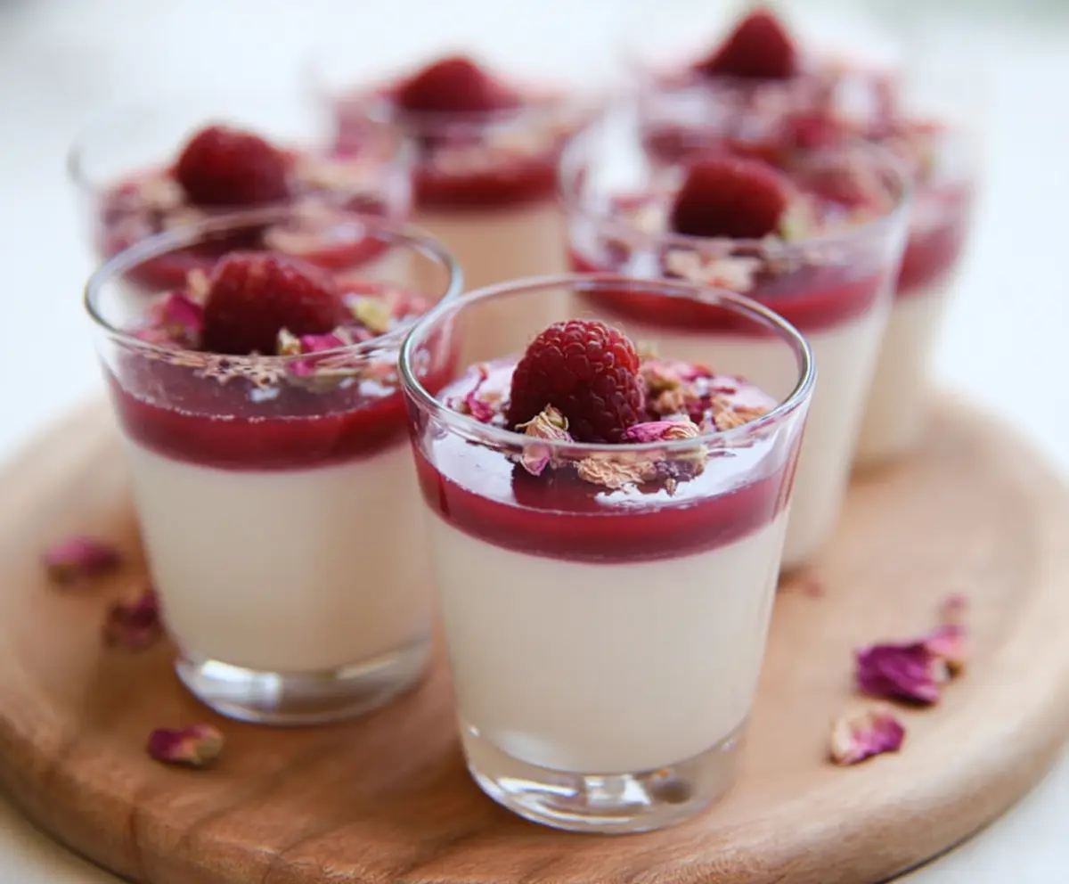 Delicious Raspberry Rose Panna Cotta served in elegant cups with fresh raspberries and edible rose petals.