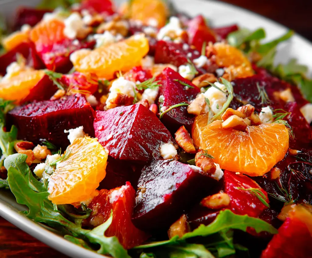Colorful roasted beet and orange winter salad served on a plate with fresh greens