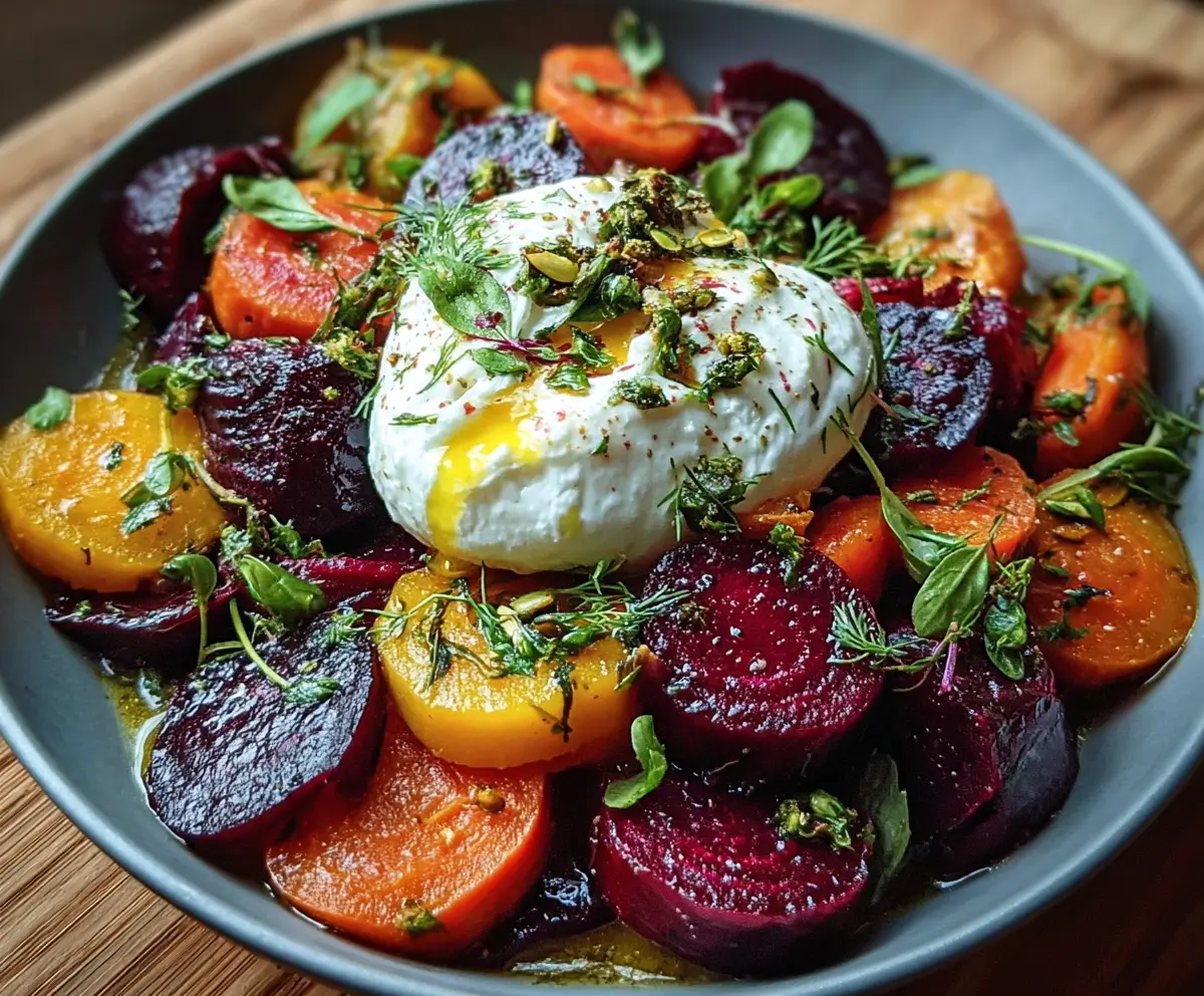 Colorful roasted beets and carrots salad topped with creamy burrata cheese, perfect for a healthy meal.