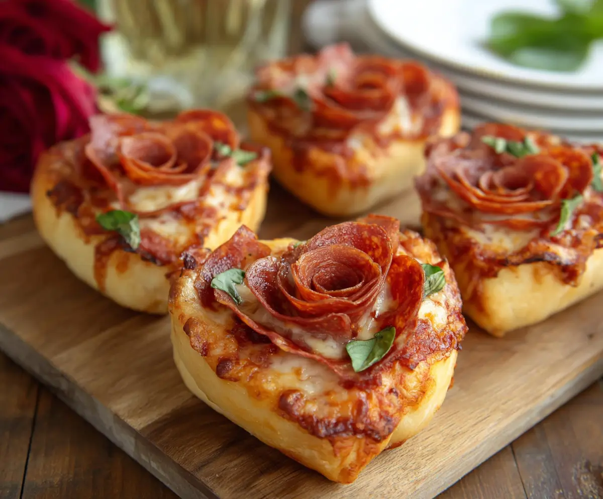 Delicious heart-shaped pizza roses served on a rustic wooden platter, perfect for romantic dinners.