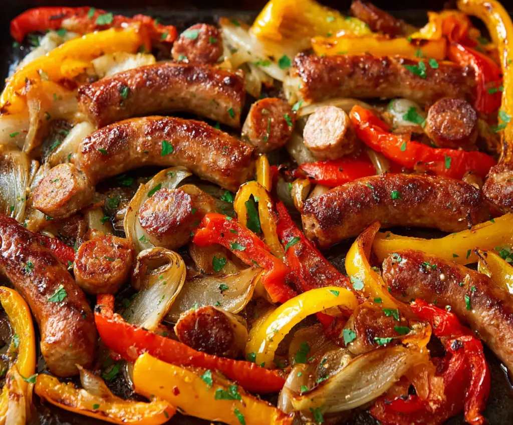 Delicious sheet pan sausage with colorful peppers and onions served hot.