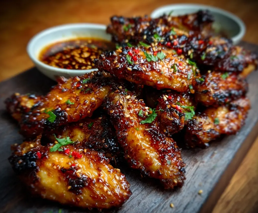 Juicy Pineapple-Teriyaki Chicken Wings glazed with sticky sauce and garnished with fresh herbs.