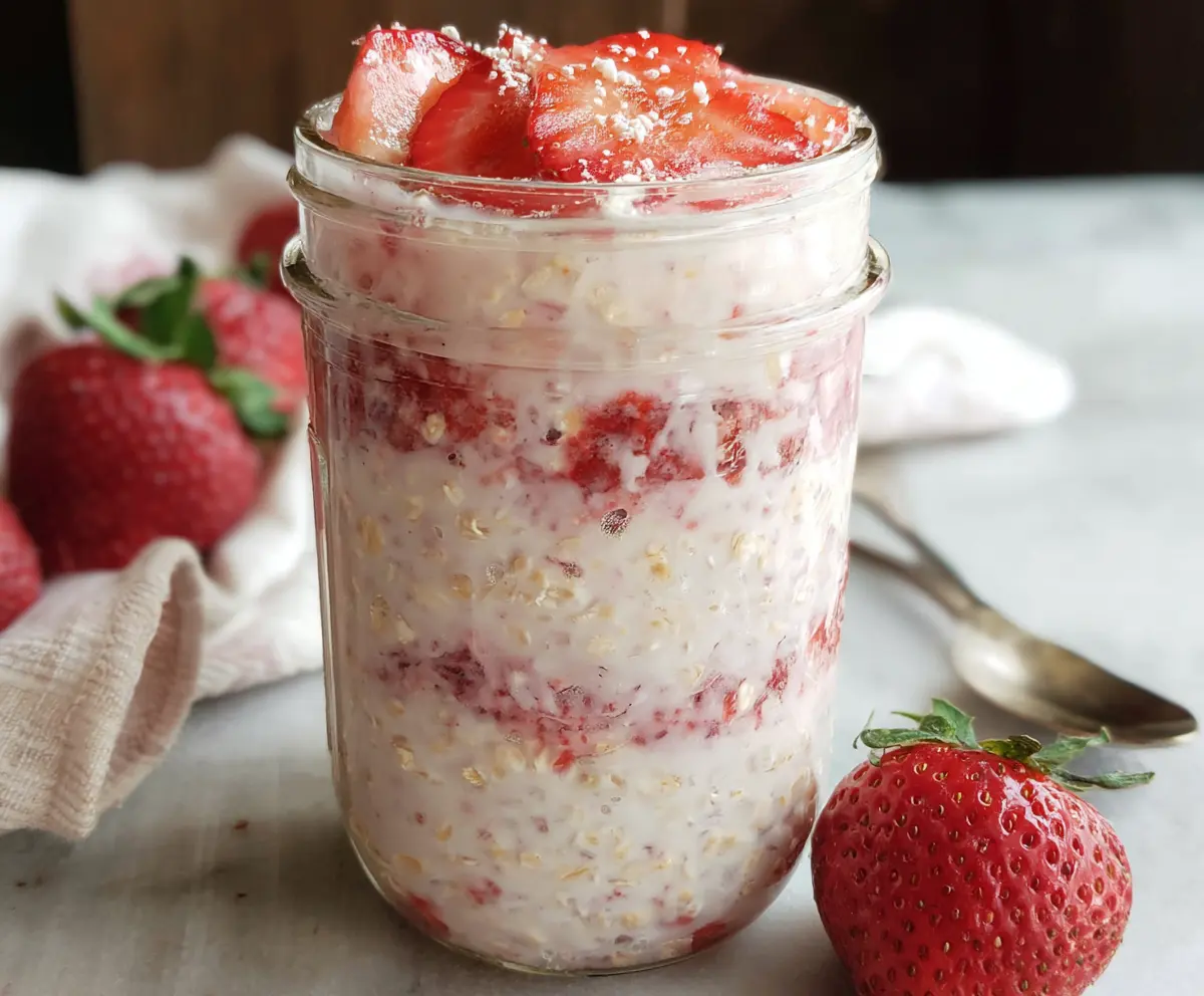 Delicious strawberries and cream overnight oats topped with fresh strawberries and a creamy drizzle.