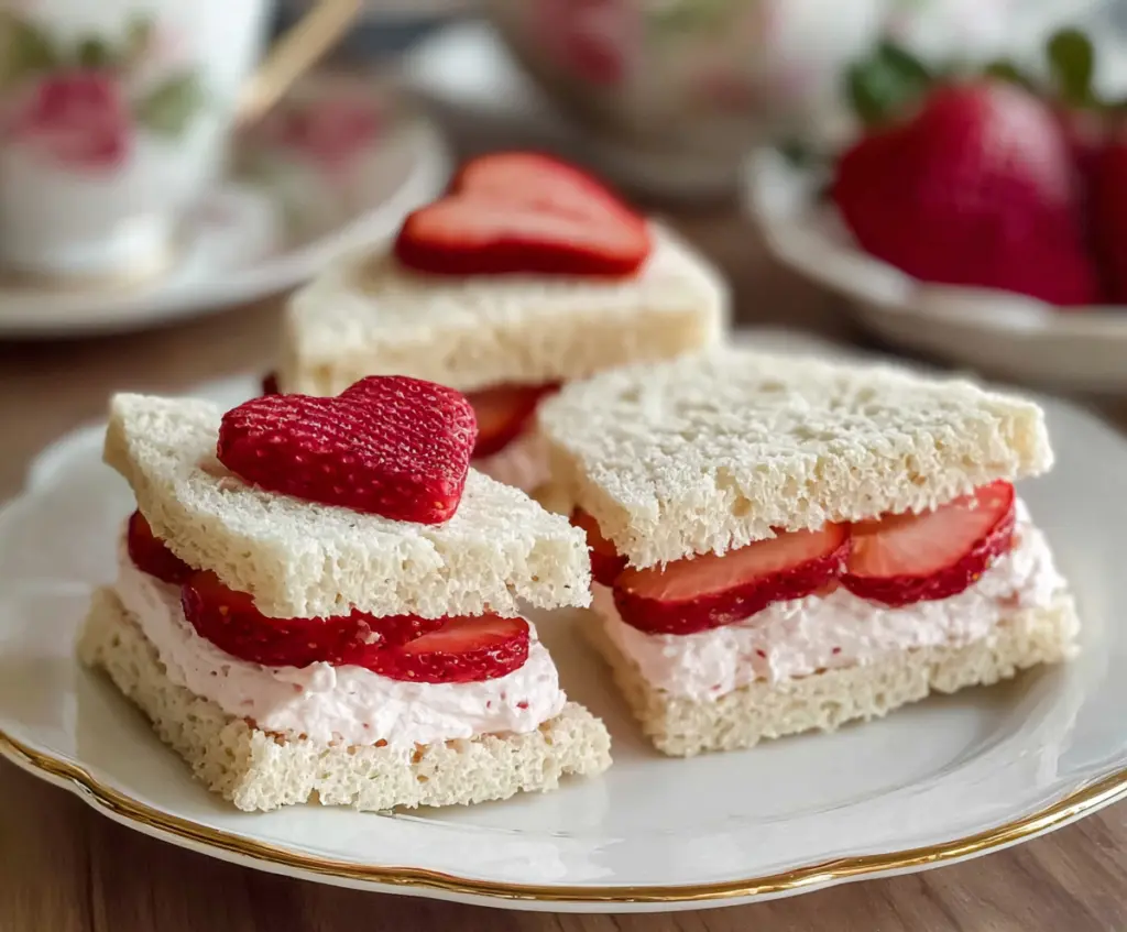 Delicious strawberry cream cheese tea sandwiches on a platter for elegant tea parties.