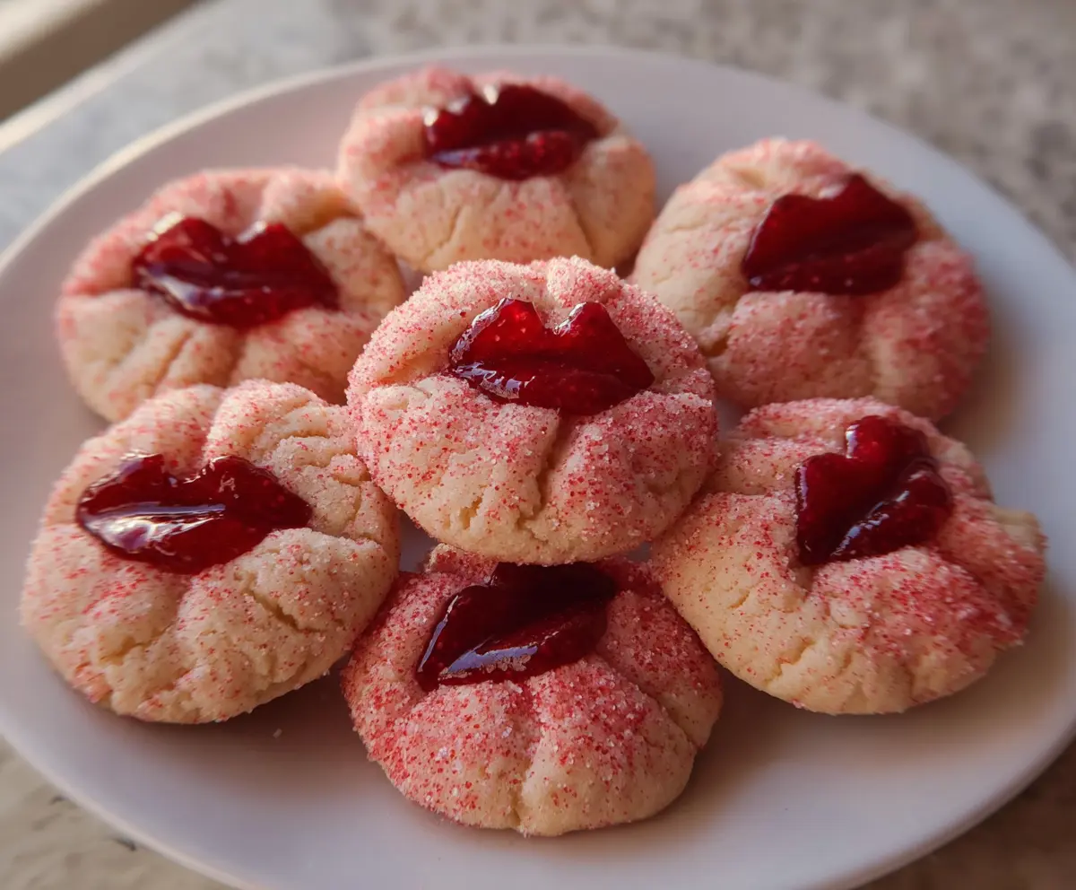 Delicious strawberry kiss cookies with chocolate and strawberry topping on a white plate