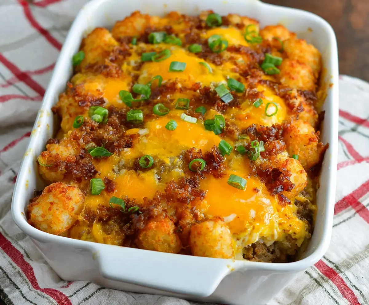 Delicious Tater Tot Sausage Breakfast Casserole with crispy tots, savory sausage, and melted cheese served in a baking dish.