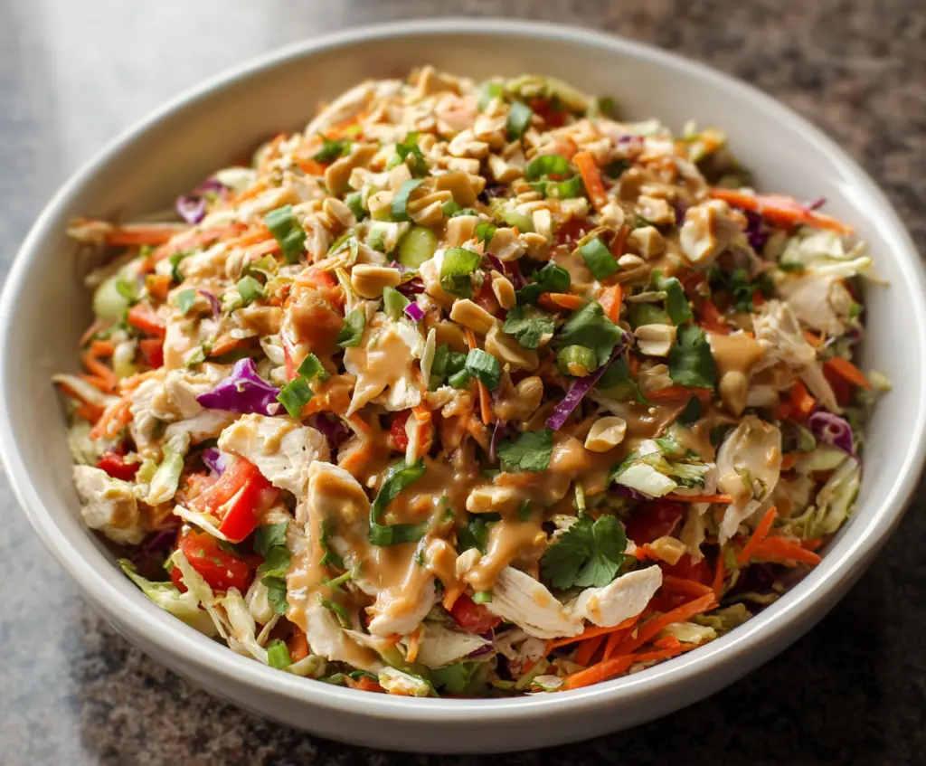 Fresh Thai Chicken Salad with crunchy vegetables and creamy peanut dressing on a white plate.