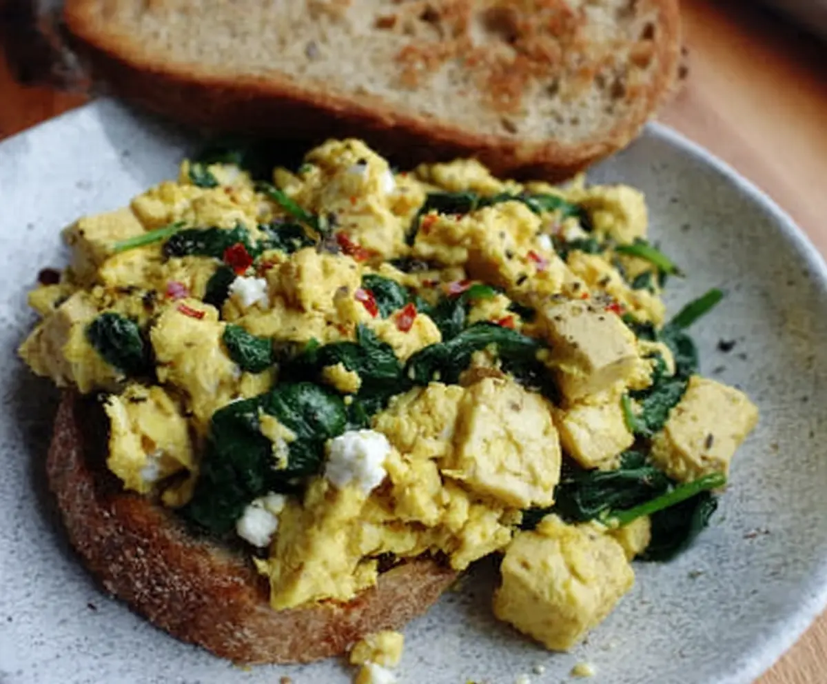 Delicious tofu and spinach breakfast scramble topped with feta cheese, served in a colorful bowl.
