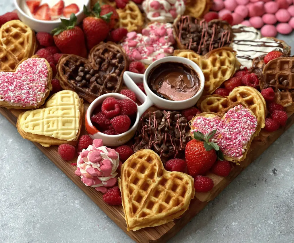 A festive Valentine's Day waffle board decorated with heart-shaped waffles, strawberries, and whipped cream for a romantic breakfast.