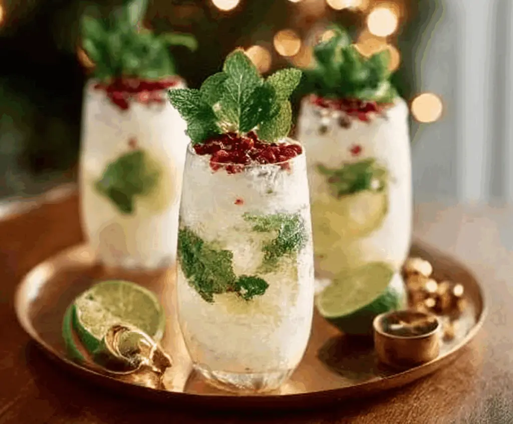 Refreshing White Christmas Mojitos with mint leaves and lime in a clear glass.