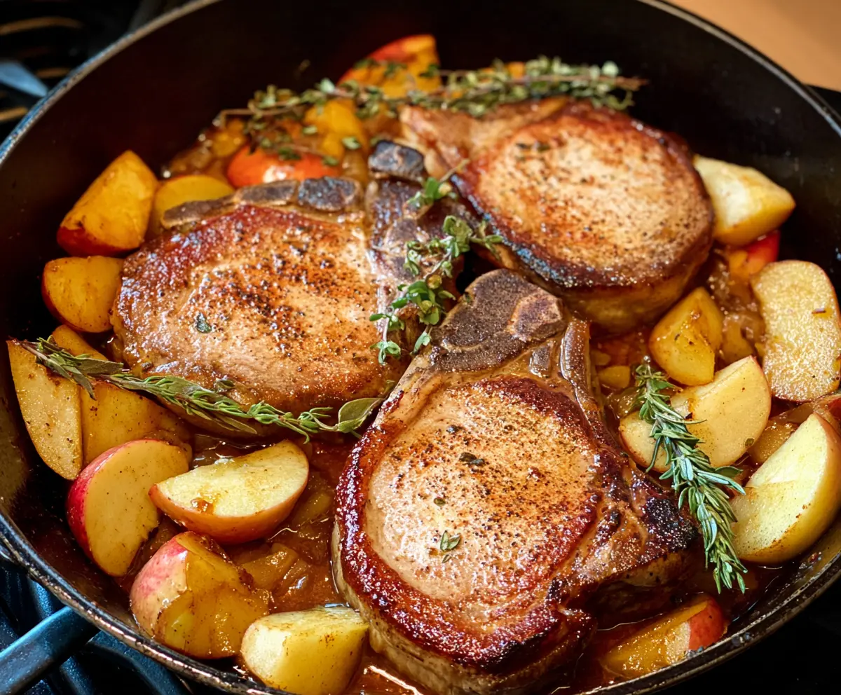 Juicy apple pork chops cooked to perfection with fresh apple slices and herbs on a rustic plate.