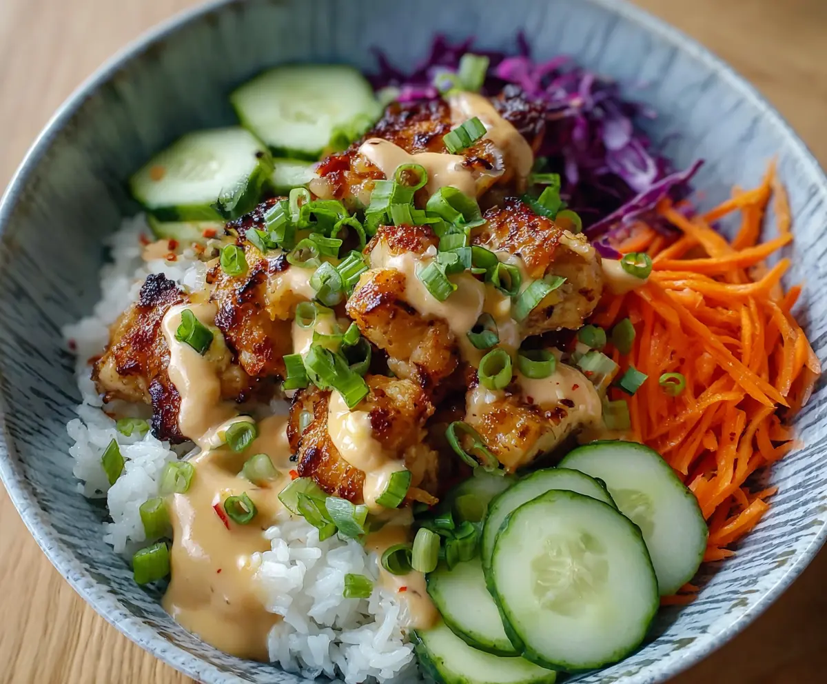 Delicious Bang Bang Chicken Bowl with crispy chicken, fresh vegetables, and spicy sauce on a colorful plate.