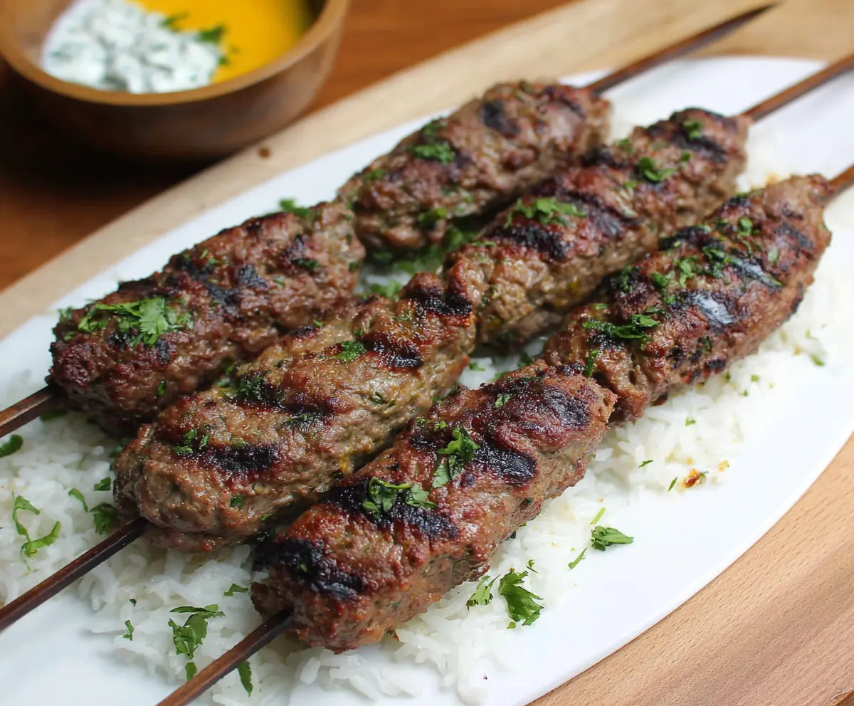 Juicy beef kafta kebabs grilled to perfection on skewers with herbs and spices.