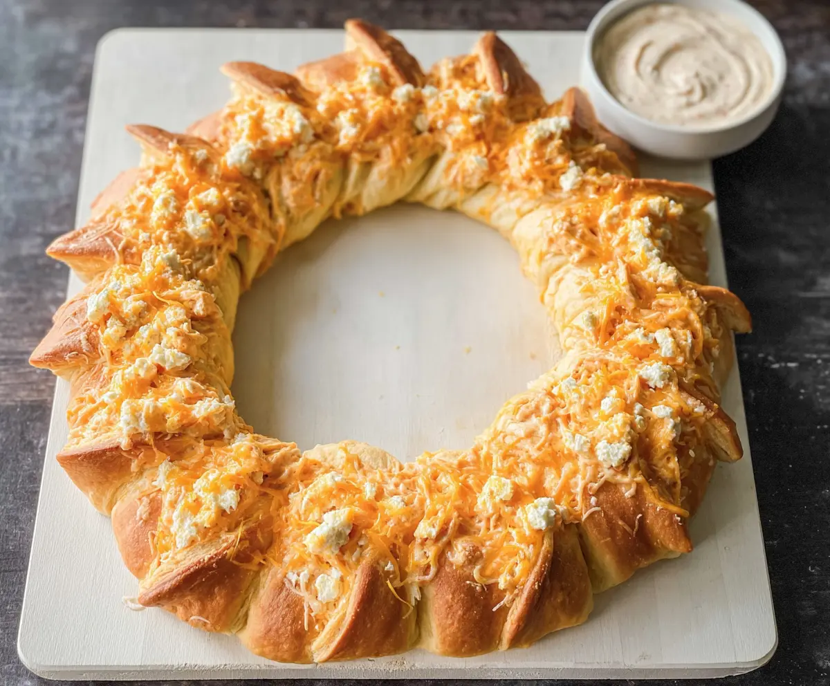 Delicious Buffalo Chicken Crescent Roll Ring with spicy chicken filling and golden pastry crust