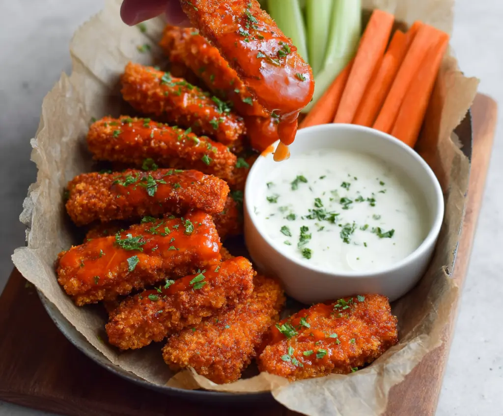Crispy Buffalo Tofu Wings served with ranch dipping sauce, perfect for vegan game day snacks