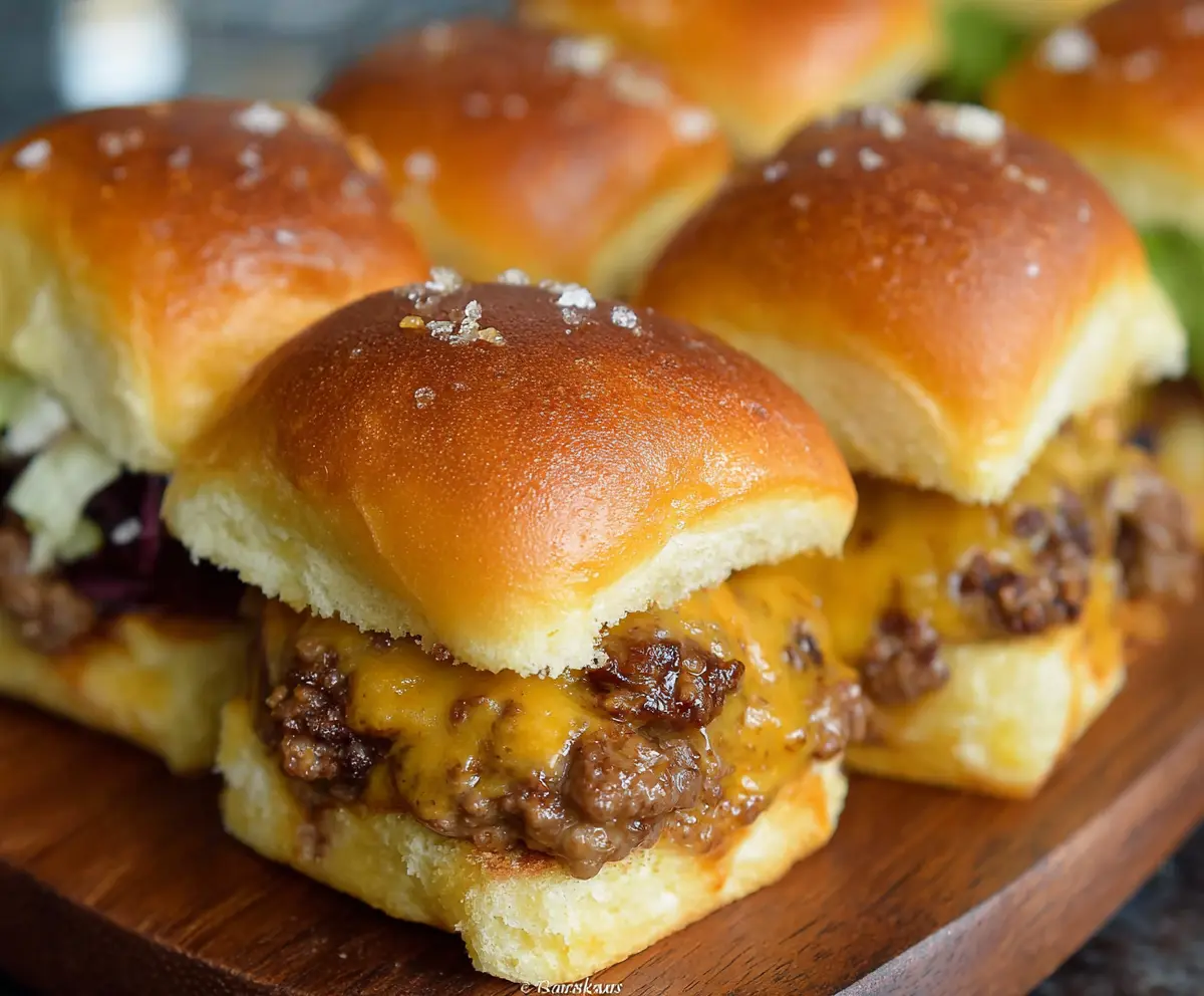 Delicious cheeseburger sliders with melted cheese, fresh lettuce, and juicy beef patties on a serving platter.