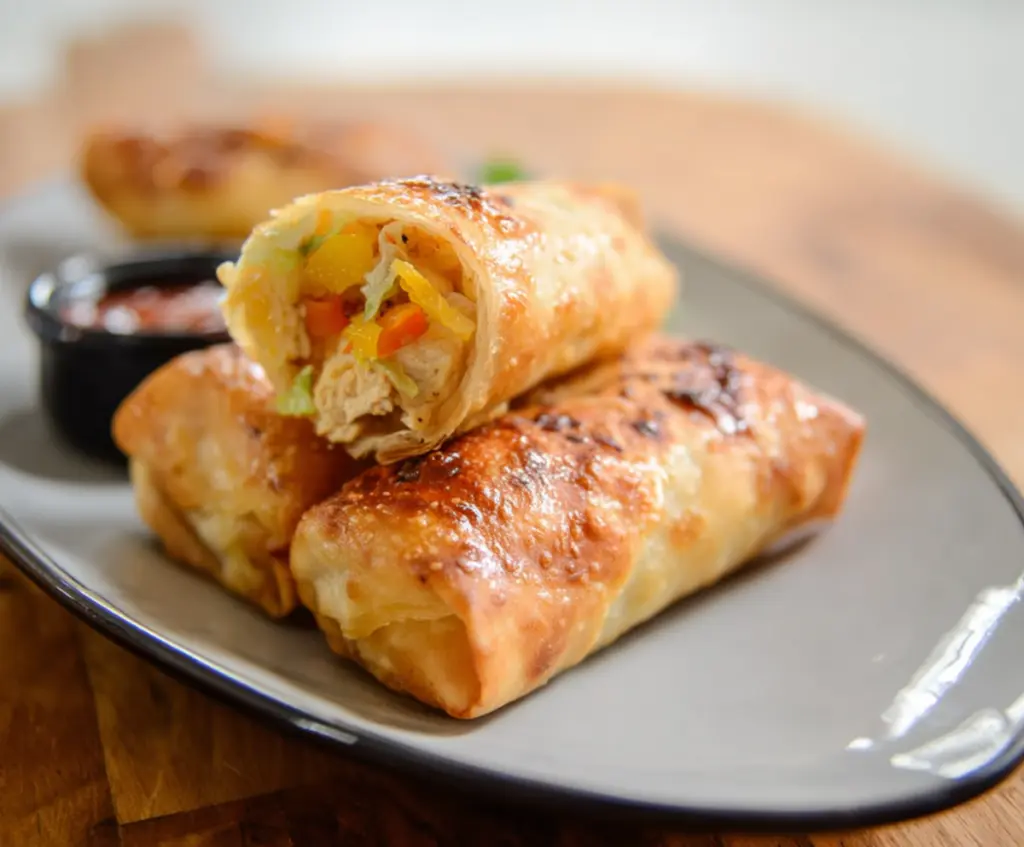 Delicious cheesy chicken spring roll served golden and crispy on a plate
