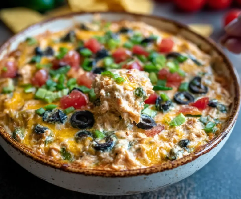Delicious Chicken Taco Dip topped with cheese, sour cream, and fresh herbs for a flavorful appetizer.