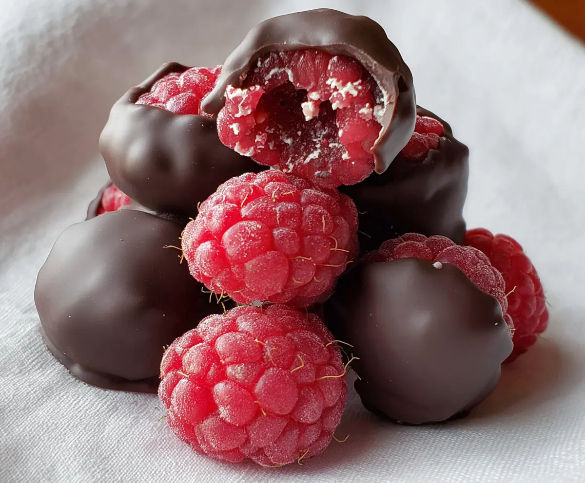 Delicious chocolate-covered raspberries on a white plate, perfect for dessert or snack.