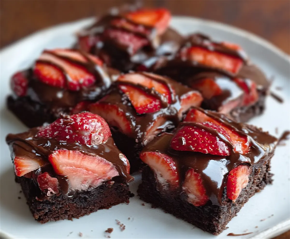 Delicious chocolate covered strawberry brownies with rich chocolate and fresh strawberries for a sweet treat.