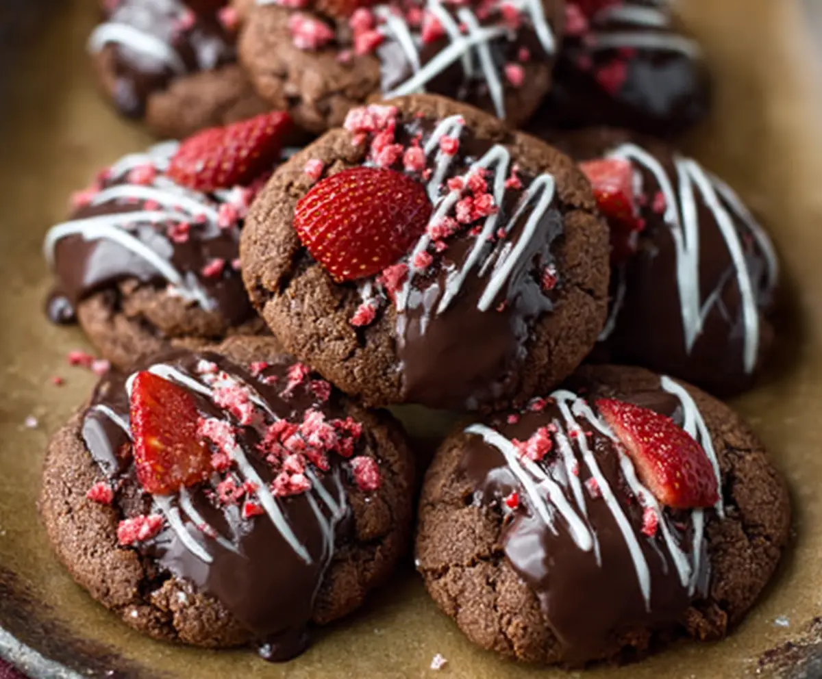 Delicious chocolate-covered strawberry cookies on a white plate, showcasing shiny chocolate and fresh red strawberries.