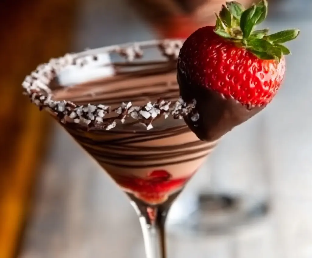 Elegant Chocolate Covered Strawberry Martini garnished with fresh strawberries and chocolate drizzle for a glamorous cocktail treat.
