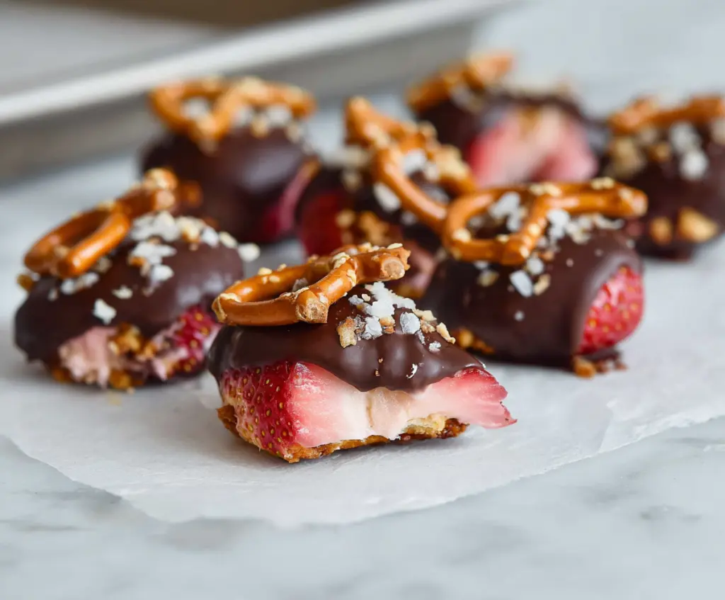 Delicious chocolate-dipped strawberry pretzel bites on a serving plate, perfect for sweet and salty snack lovers.