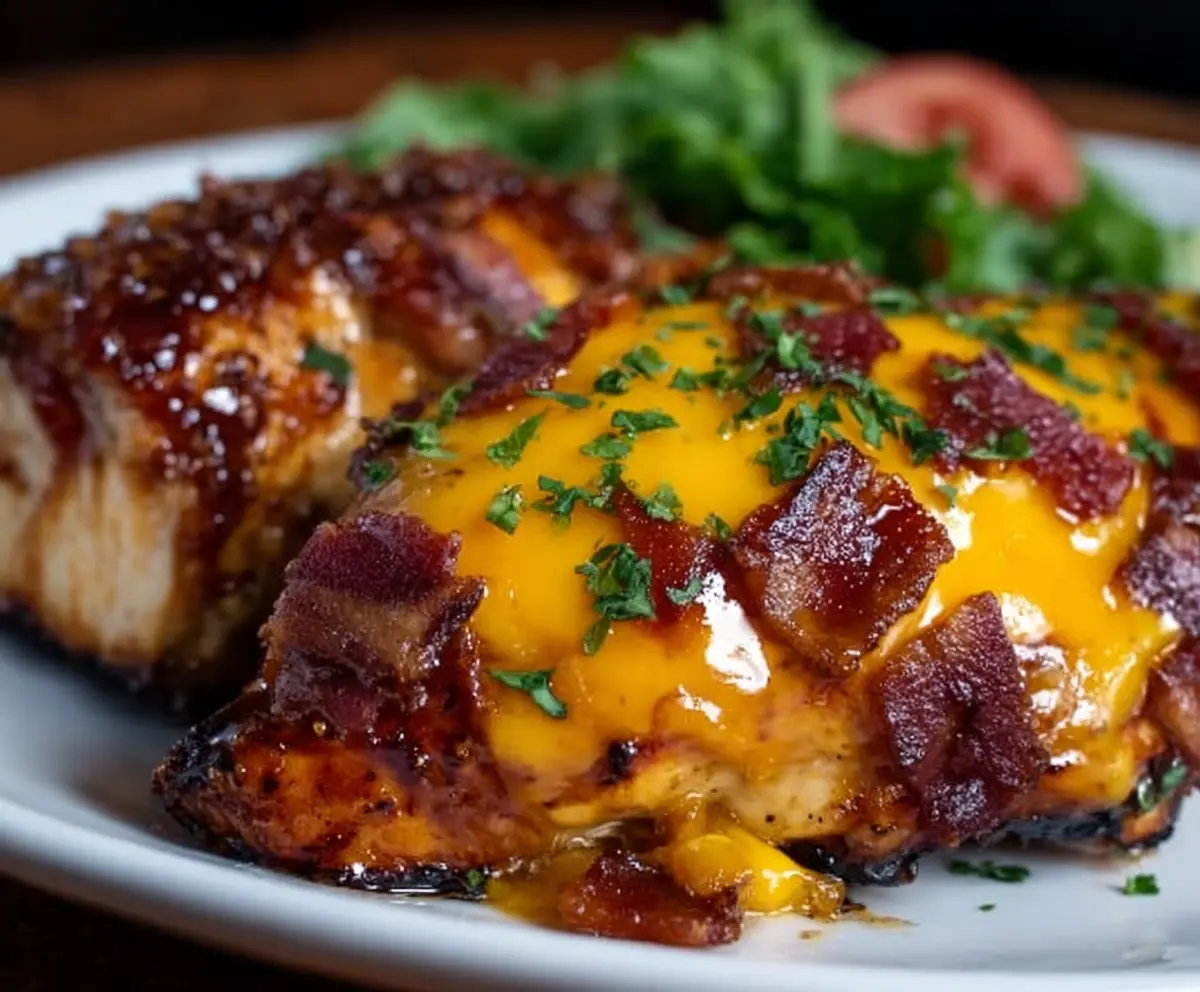 Juicy Cowboy BBQ Bacon Cheddar Chicken topped with crispy bacon and melted cheddar cheese on a plate.