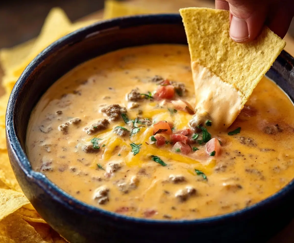 Delicious Cowboy Queso served with crispy chips, perfect for sharing at parties.