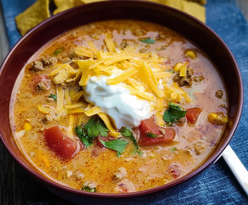 Bowl of creamy taco soup with toppings like cheese and cilantro, perfect for a hearty meal
