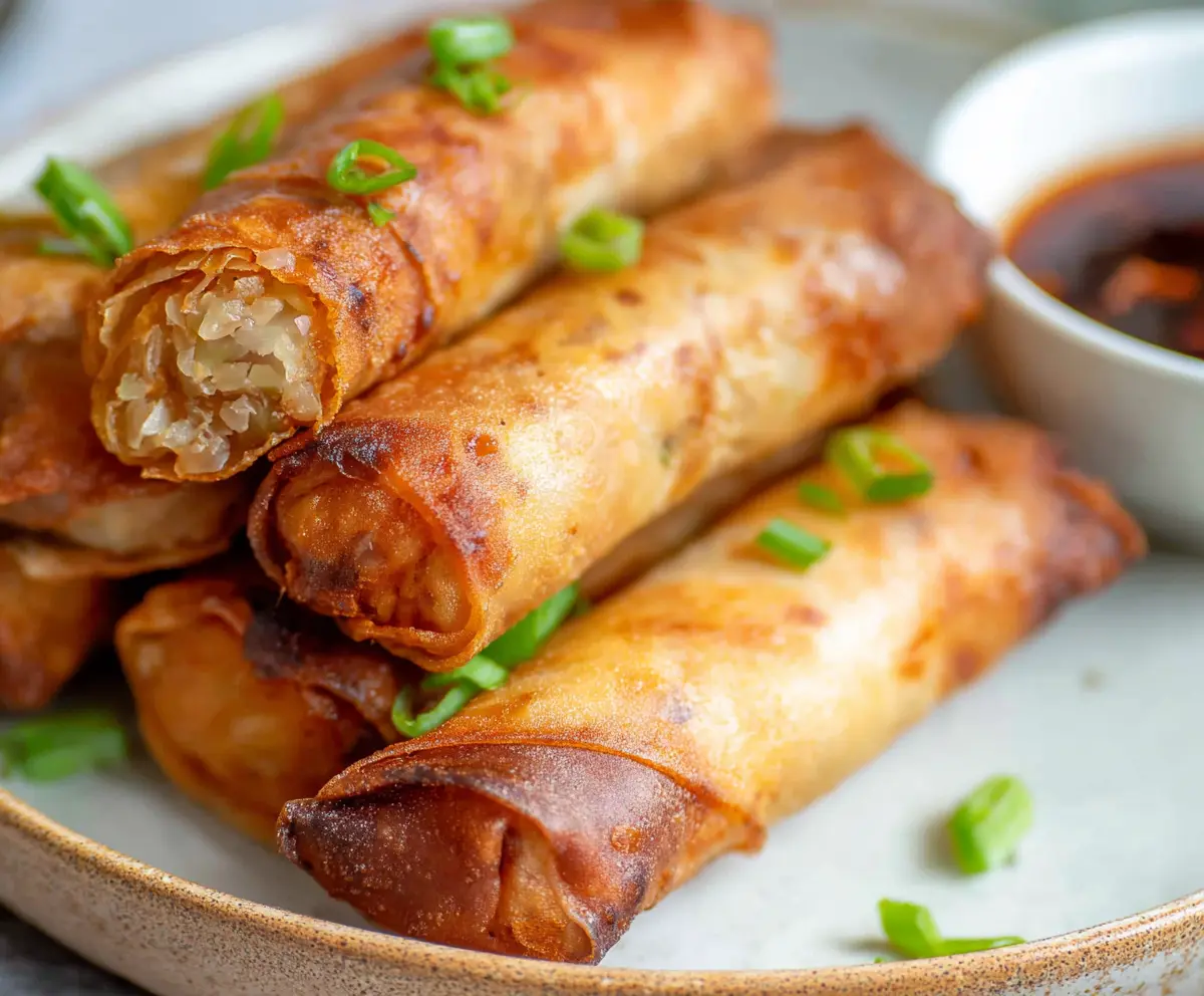 Golden crispy air fryer spring rolls filled with fresh vegetables and served with dipping sauce.