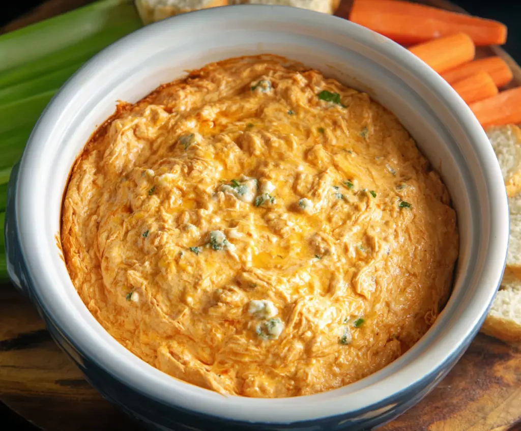 Delicious crock pot buffalo chicken dip served with celery sticks and tortilla chips.
