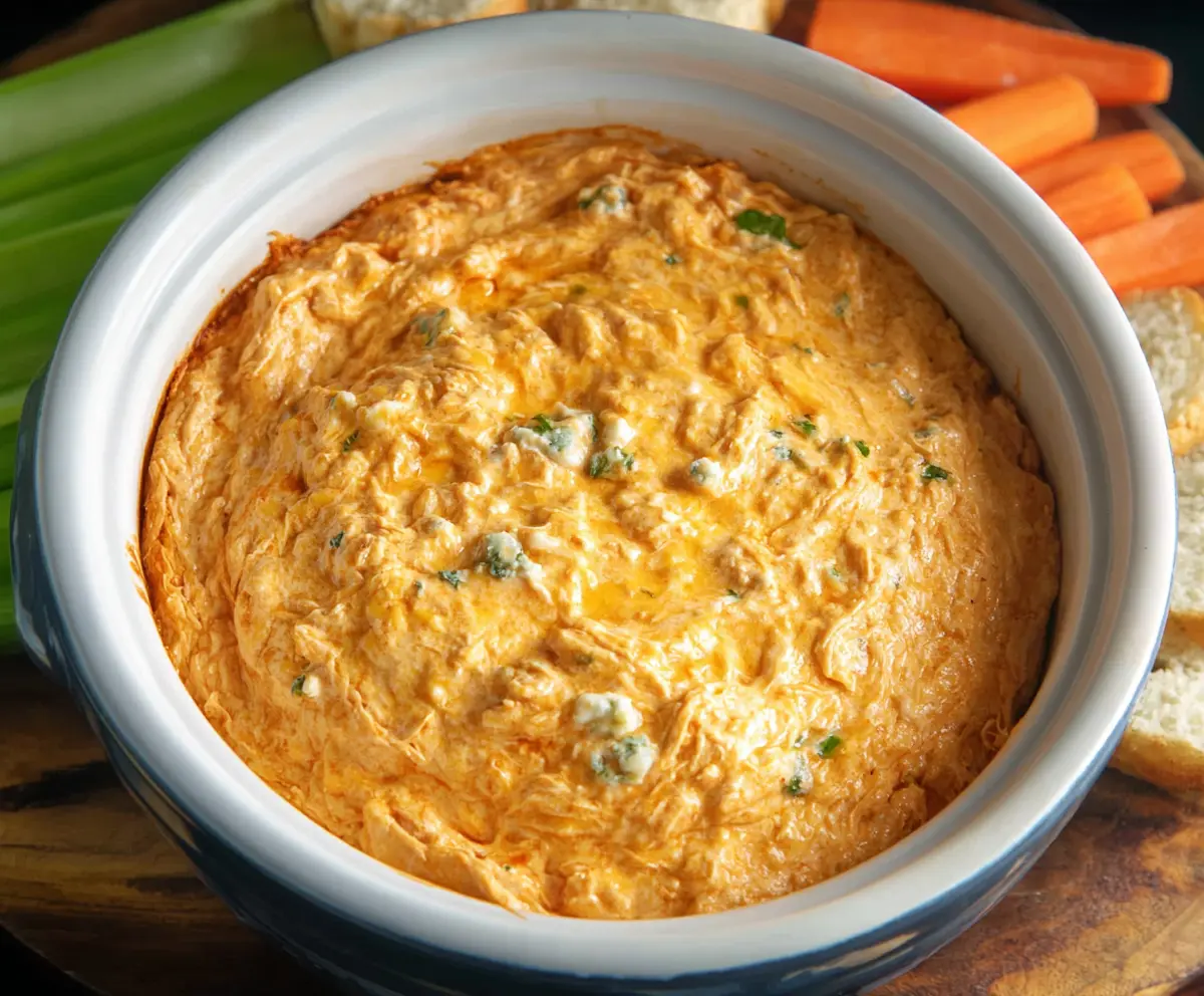 Delicious crock pot buffalo chicken dip served with celery sticks and tortilla chips.