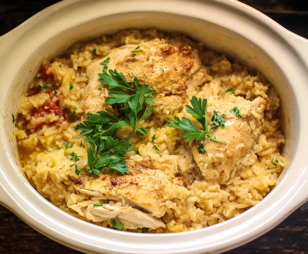 Delicious slow cooker chicken and rice recipe with tender shredded chicken and flavorful rice
