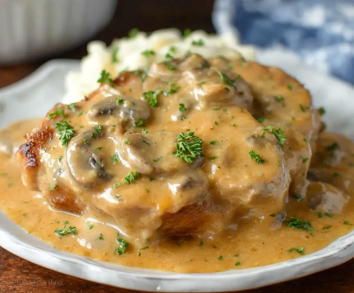 Juicy crock pot smothered pork chops topped with rich gravy and served with mashed potatoes.