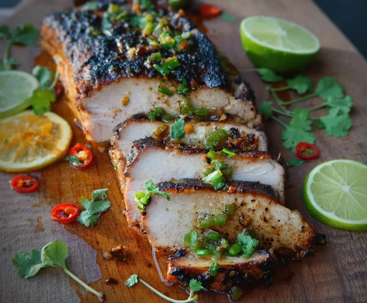 Juicy Cuban Mojo Marinated Pork roast served with fresh herbs and citrus slices