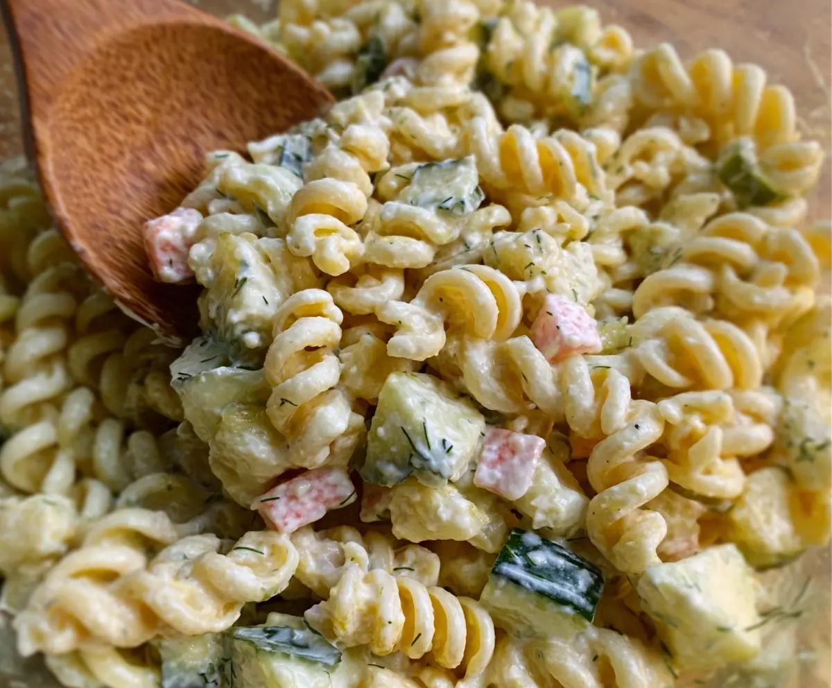 Creamy Dill Pickle Pasta Salad with fresh herbs and crunchy vegetables