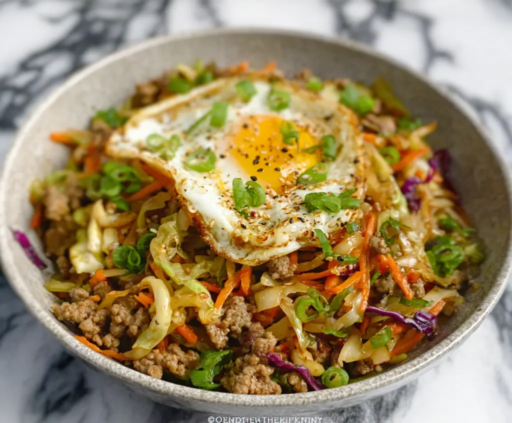 Delicious Egg Roll in a Bowl with cabbage, carrots, and ground pork served in a bowl