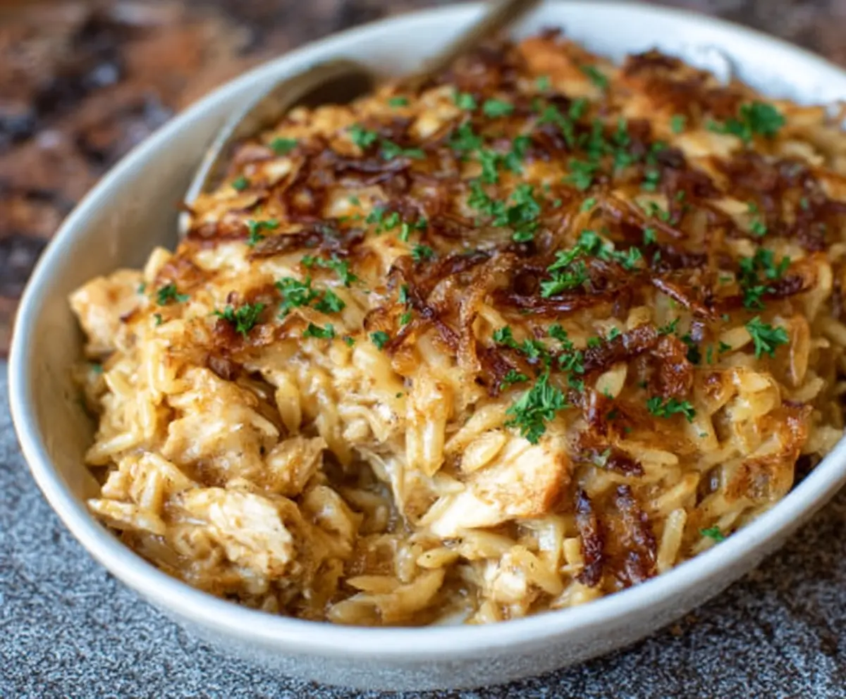 Easy French Onion Chicken Orzo Casserole